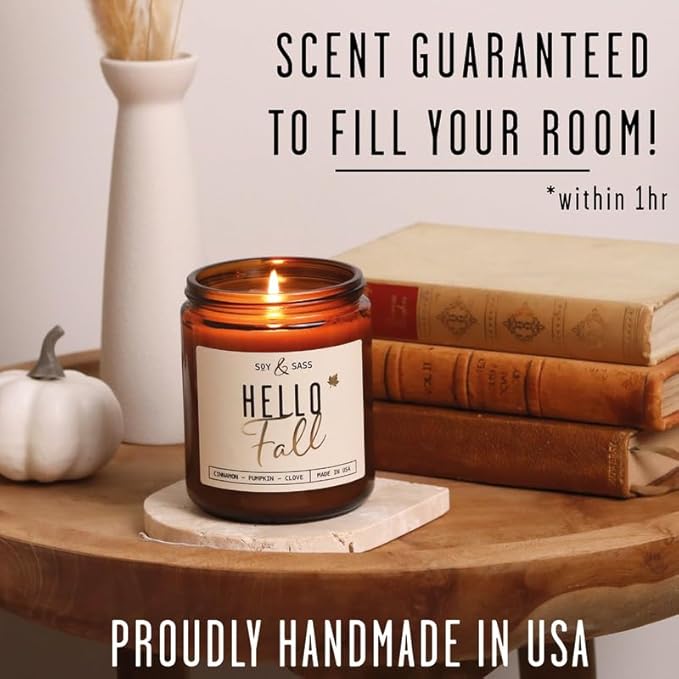 Fall Candles - 'Hello Fall Scented Candle' w/Cinnamon, Pumpkin & Fir I Infused with Essential Oils Autumn Scented Soy Candles for Home Décor, 9oz Reusable Jar, 50Hr Burn, Made in USA