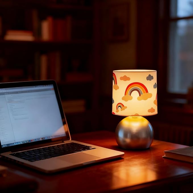 Set of 2 Silver Small Bedside Table Lamps with Rainbow Cloud Pattern Shades (Bulb Included)