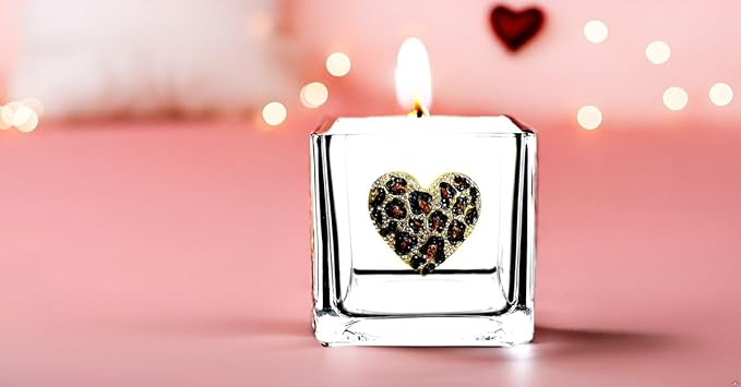 THE QUEENS' JEWELS Leopard Heart Jeweled 4x4 Candle Holder Vase - Unique Gift for Women, Birthday, Cute, Fun, Cocktail, Queen, Not Painted, Decorated, Bling, Bedazzled, Rhinestone
