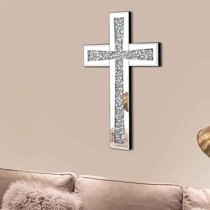 Aeveco Silver Mirrored Wall Cross 15×10 inch, Crystal Crush Diamond Cross for Wall, Living Room, Bedroom, Home Decor