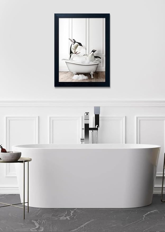 Kids Bathroom Wall Decor Funny Bathroom Wall Art Black and White Wall Decor Cute Penguins in Bathtub Canvas Print Painting Framed Farmhouse Animal Artwork