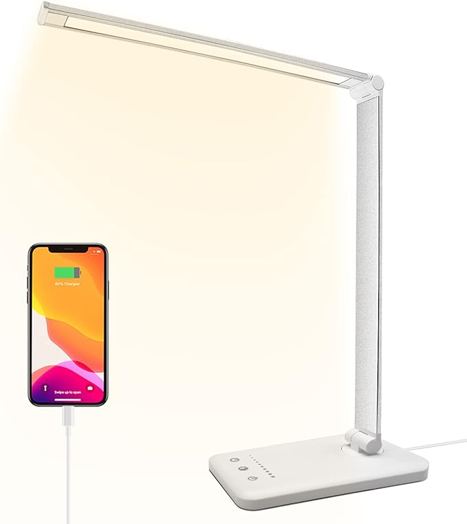 Led Desk Lamp, Desk Lamp with USB Charging Port, 5 Color Modes, 10 Brightness, Natural Light, Eye Caring Reading Lamp, Desk Light for Home Office, Table Lamp, Touch Control, Auto-Timer, White