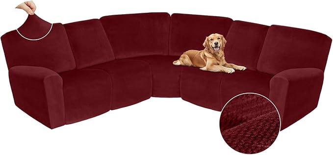 Arfntevss Sectional Recliner Couch Covers Velvet Corner Sectional Sofa Cover for Reclining Couch Stretch Soft L Shape Recliner Slipcover Thick U Shaped Washable Protector (5 Seat Cover, Wine Red)