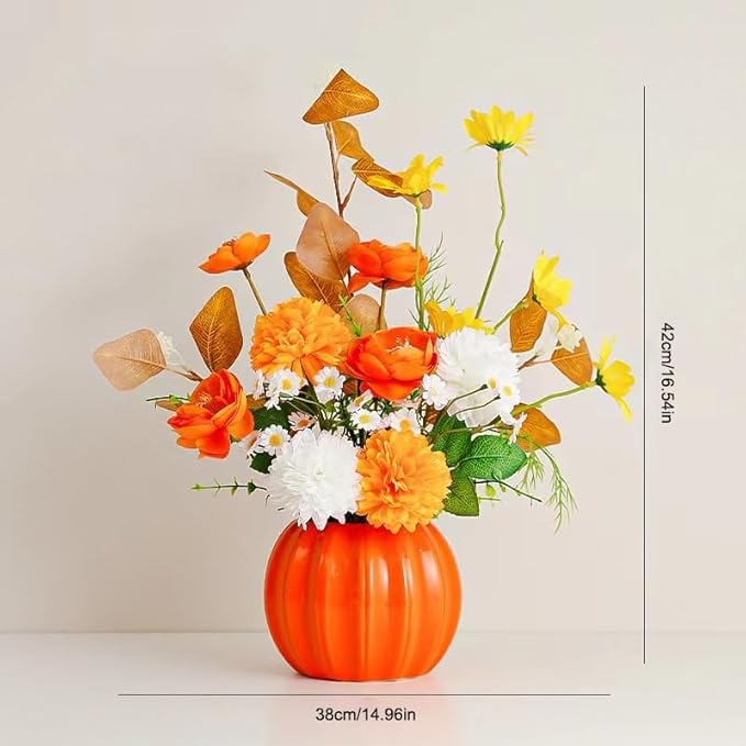 Artificial Flowers, Fake Flowers in Vase, Silk Flowers with Ceramic Vase, Faux Flowers Arrangement for Homes, Restaurants Decoration Dining Table Centerpiece Decor (Orange)