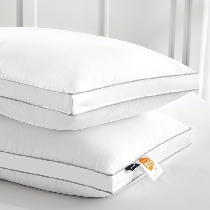 Globon Luxury Feather Down Pillow King Size,Low Soft Gusseted Bed Pillows for Sleeping, Hotel Collection Fluffy Pillow, 18"X34", Set of 2