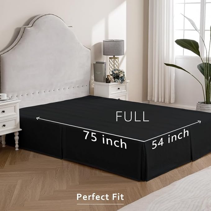 MIYE Pleated Waffle Weave Bed Skirt, Tailored Dust Ruffle 14 Inch Drop Easy Fit, Machine Washable (Black, Full - 14" Drop)