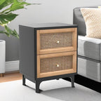 COZAYH Set of 2 Fully-Assembled 2-Drawer Woven Cane Front Accent Nightstand with Brass Knobs, Black
