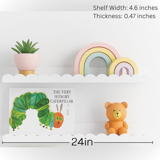 Scalloped Shelves - Set of 4 Pre-Assembled 24inch White Floating Nursery Book Shelves, Scalloped Book Shelf - Kids Wall Bookshelf, Nursery Decor, Floating Shelves for Wall