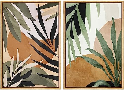 SIGNFORD Framed Canvas Print Wall Art Set Tropical Island Palm Leaf Geometric Collage Abstract Nature Illustrations Modern Art Decorative Minimalist Floral Botanical for Bedroom - 24"x36"x2 Natural