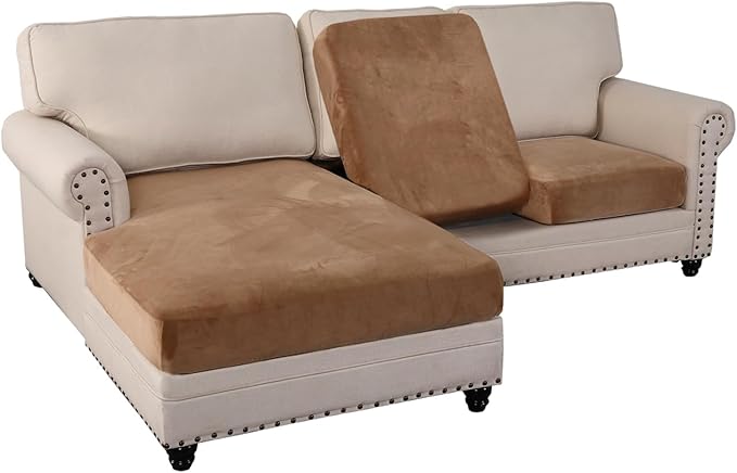 PrinceDeco Sectional Couch Covers 3 Pieces Velvet Sofa Covers L Shape Soft Couch Covers for Sectional Sofa Corner Sofa Cover Couch Cover for Dogs Washable (2 Seater + 1 Chaise,Camel)