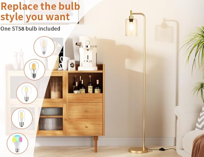 Floor Lamps for Living Room - Industrial Standing Lamp with Glass Shade, Modern Gold Floor Lamp with LED Bulbs, Farmhouse Floor Lamp for Bedroom, Tall Lamp for Office - Gold