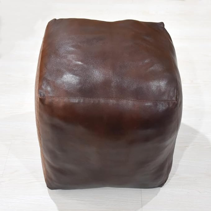 Square Shaped Goat Leather Handmade Eco-Friendly Brown Pouf - 18" x 18" x 18", Plain Solid, Recycled Cotton Filled Stuffed Seating PF12