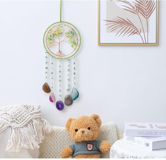 Agate Gemstone Dream Catcher 7 Chakras Sycamore Tree of Life Dream Catcher with Healing Crystal Stones Handmade Dreamcatcher Wall Decor for Adults Boys Girls,Bedroom,Wedding,Garden,Bless Gift