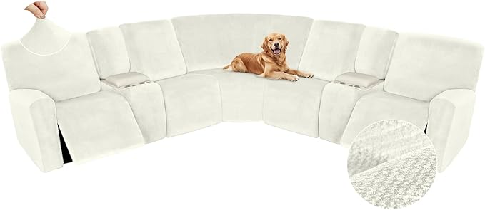 Arfntevss Sectional Recliner Couch Covers Velvet Washable Corner Sectional Sofa Cover for Reclining Couch Stretch Soft Thick L Shape Recliner Slipcover Set (5 Seat with 2 Console Cover, Cream)