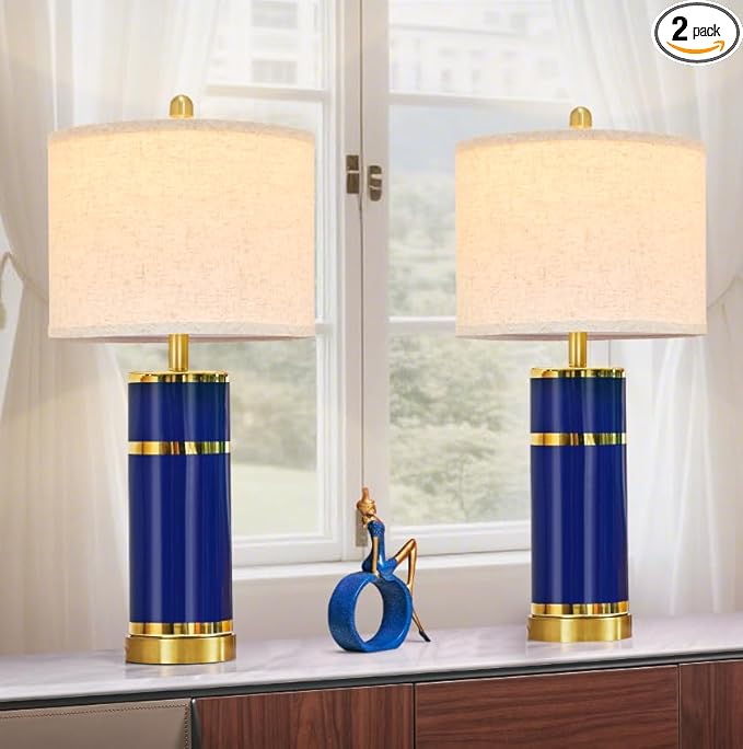 Royal Blue & Gold Ceramic Table Lamps (Set of 2) - 28" Luxe Bedside Lights with USB Charging & Rotary Switch, Bulbs Included