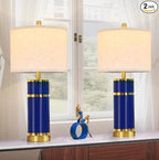 Royal Blue & Gold Ceramic Table Lamps (Set of 2) - 28" Luxe Bedside Lights with USB Charging & Rotary Switch, Bulbs Included
