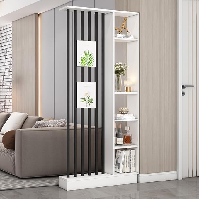 Wall Room Divider, Storage Cabinet Storage Display with Shelves, Modern Freestanding Wood Room Divider Screen, Wall Privacy Screens for Home Decorative (White+Black,35.4" L x 9.5" W x 79.5" H)