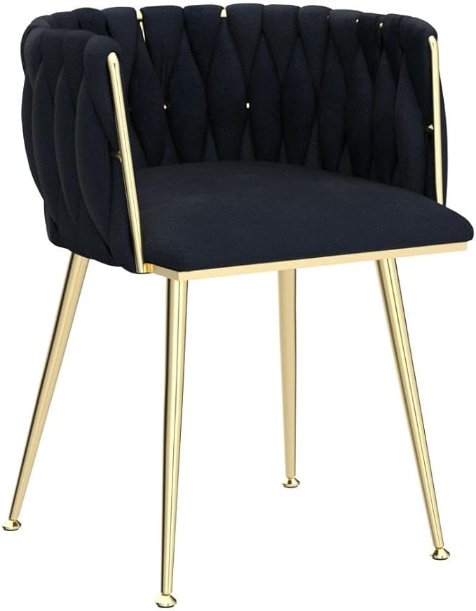 Nrizc Woven Dining Chairs Set of 4, Velvet Upholstered Dining Chairs with Gold Metal Legs, Modern Accent Chairs for Living Room, Dining Room, Kitchen (Black)