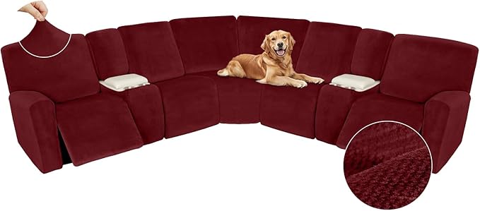 Arfntevss Sectional Recliner Couch Covers Velvet Washable Corner Sectional Sofa Cover for Reclining Couch Stretch Soft Thick L Shape Recliner Slipcover Set (5 Seat with 2 Console Cover, Wine Red)