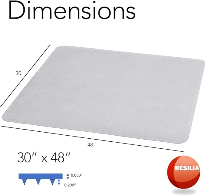 Resilia Office Desk Chair Mat - for Low Pile Carpet (with Grippers) Clear, 30 Inches x 48 Inches, Made in The USA