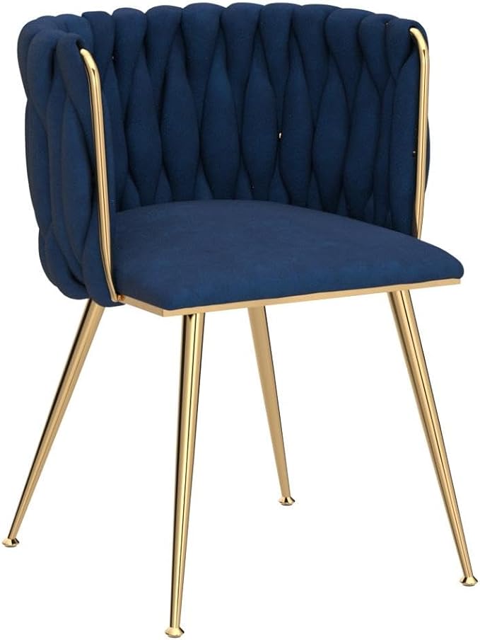 Nrizc Woven Dining Chairs Set of 6, Velvet Upholstered Dining Chairs with Gold Metal Legs, Modern Accent Chairs for Living Room, Dining Room, Kitchen (Blue)