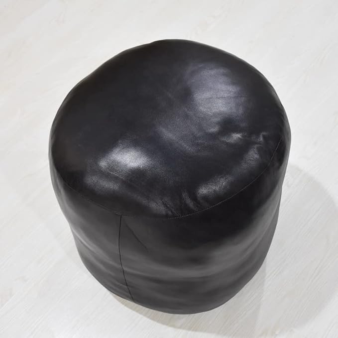 PF12 Goat Leather Handmade Eco-Friendly Black Pouf - Round Shape, 18" x 18" x 18", Plain Solid, Recycled Cotton Filled