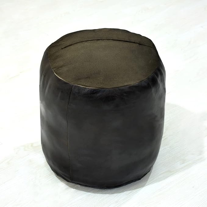 Round Shaped Goat Leather Handmade Eco-Friendly Chocolate Brown Pouf - Round Pouf, 16"x16"x16", Plain Solid Pouf, Goat Leather Pouf, Recycled Foam with Fibre Fill Stuffed Pouf, Seating Pouf PF12