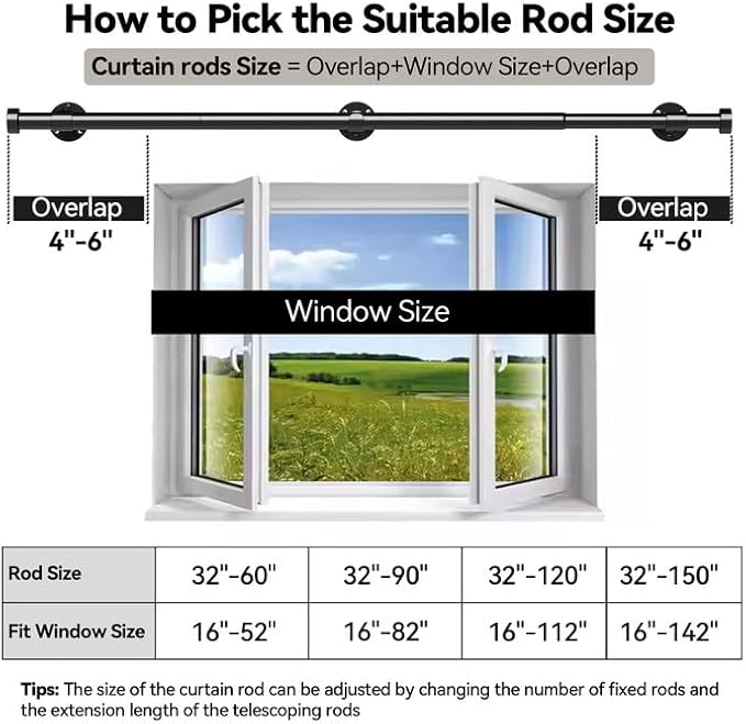 Heavy Duty Curtain Rod 32-150 Inch, 1 Inch Adjustable Curtain Rods for Windows, Extra Long Window Treatment Rods with Aluminium Finials, Easy Installation