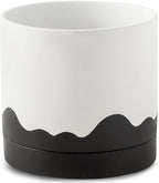 Nihow Ceramic Plant Pot: 8 Inch Planter with Drainage Hole & Saucer for Indoor & Outdoor Plants - Cylinder Round Flower Pot for Succulent/Herbs/Violets - White & Wave Black