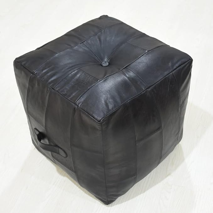 Square Shaped Buffalo Leather Handmade Eco-Friendly Black Pouf - Square Pouf, 18" x 18" x 18", Geometric Pouf, Buffalo Leather Pouf, Recycled Foam with Fibre Fill Stuffed Pouf, Seating Pouf PF25