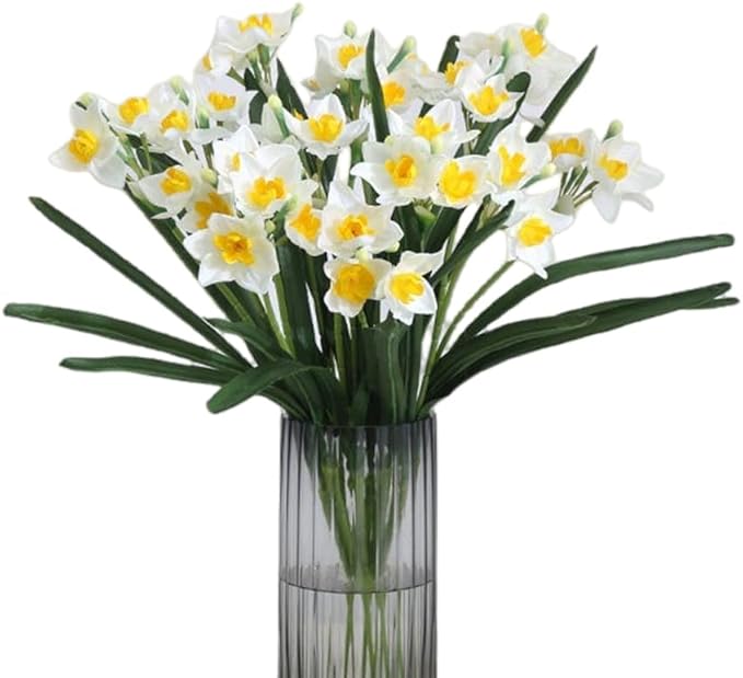 Artificial Flowers for Vases 17.7 Inch 10 Stems， Silk Dried Fake Mums Bouquet Indoor Faux Floral Arrangements for Decoration (White Narcissus)
