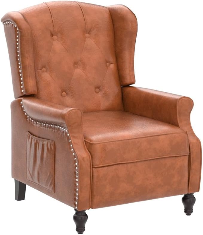 Wingback Recliner Chair with Massage and Heat Tufted PU Leather Push Back Recliner Chair for Living Room Vintage Wingback Chair with Remote Control, Padded Cushion, Backrest, Wooden Legs