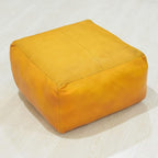 PF12 Square Goat Leather Handmade Eco-Friendly Mustard Pouf - 21" x 21" x 12", Plain Solid, Recycled Foam with Fibre Fill Stuffed