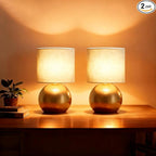 Set of 2 Small Gold Spherical Base Bedside Table Lamp with Textured Linen Shade (Bulb Included)