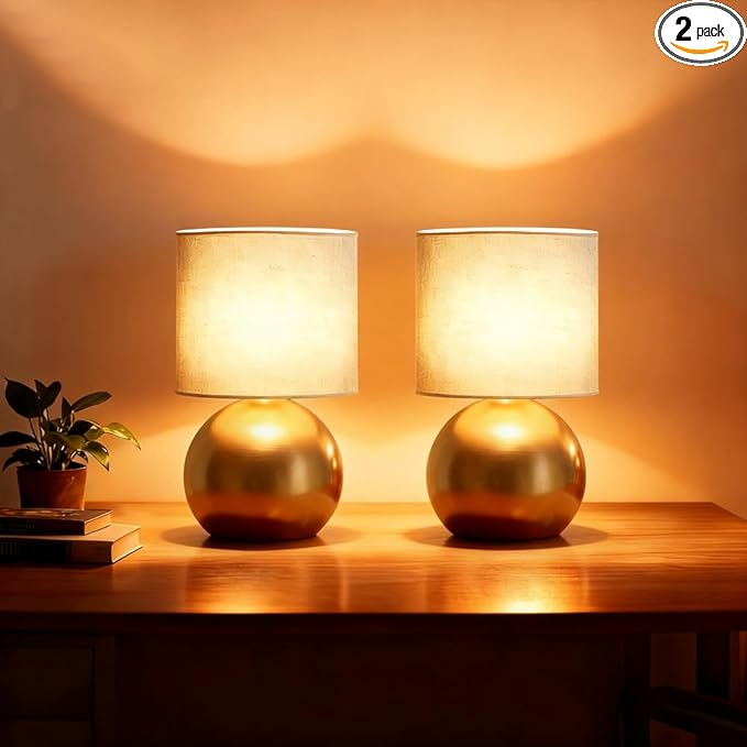 Set of 2 Small Gold Spherical Base Bedside Table Lamp with Textured Linen Shade (Bulb Included)