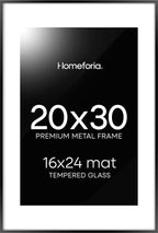 Homeforia 20x30 Poster Frame Black, High End Metal 20 x 30 Picture Frames with Mat 16 by 24 inch Photo, 30x20 Large Frame for Wall, 20x30 Thin Frame Matted to 16x24, Tempered Glass, Wall Kit, Set of 1