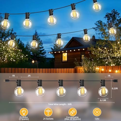 50FT G40 LED String Lights with 25 Shatterproof Bulbs (2 Spares), E12 Sockets, 2700K Warm White, eatherproof Patio Lighting for Garden,Backyard,Party,Wedding,Porch,Deck,Gazebo,Bistro,Camping