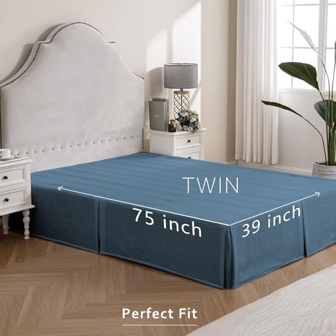 MIYE Pleated Waffle Weave Bed Skirt, Tailored Dust Ruffle 16 Inch Drop Easy Fit, Machine Washable (Blue, Twin - 16" Drop)