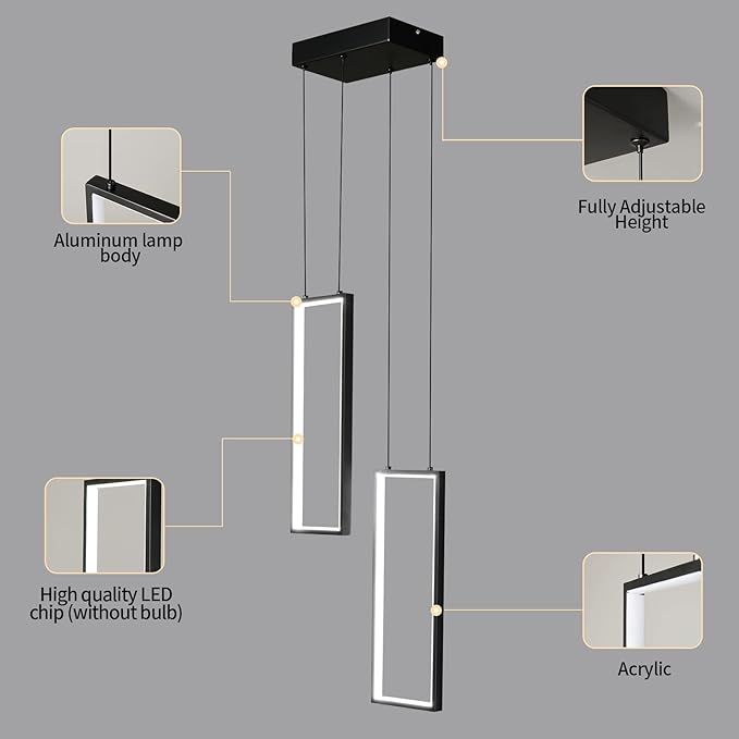 Modern Kitchen Pendant Light Fixture Black 18W LED Pendant Light 2 Rings Rectangle Chandelier Pendant Lighting for Kitchen Island Living Room Dining Room Bedroom