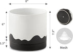 Nihow Ceramic Plant Pot: 8 Inch Planter with Drainage Hole & Saucer for Indoor & Outdoor Plants - Cylinder Round Flower Pot for Succulent/Herbs/Violets - White & Wave Black