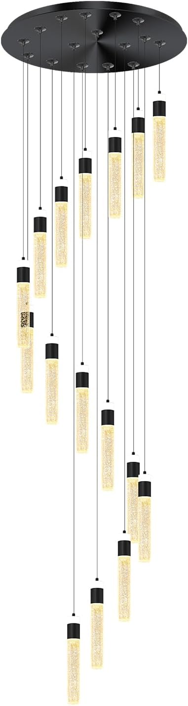 16-Light Black Crystal Chandelier for Foyer Entrance Loft 118" Long Spiral Stair Bubble Crystal Chandelier for High Ceiling Lighting Fixtures LED Lampara, Dimmable 3000K-6000K