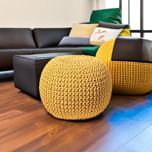 FRELISH DECOR Round Pouf Ottoman Hand Knitted 100% Cotton Pouf Foot Stool - Knitted Bean Bag - Floor Chair for Living Room Bedroom - Foot Rest for Couch (20 Diameter x 14 Height) - Yellow