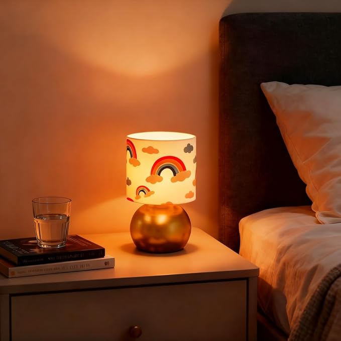 Set of 2 Gold Small Bedside Table Lamps with Rainbow Cloud Pattern Shades (Bulb Included)