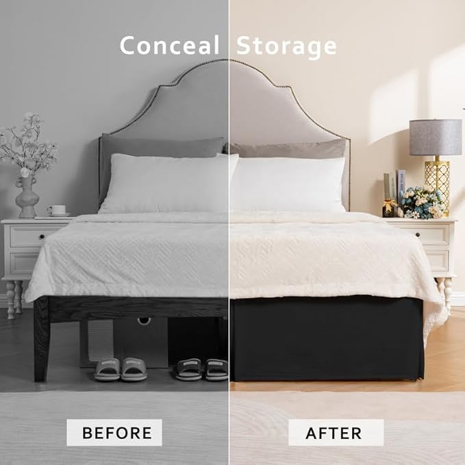 MIYE Pleated Waffle Weave Bed Skirt, Tailored Dust Ruffle 12 Inch Drop Easy Fit, Machine Washable (Black, King - 12" Drop)