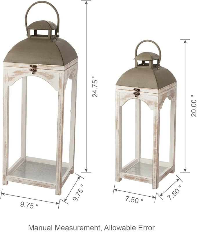 Glitzhome Set of 2 Mondern Farmhouse Wood Metal Lanterns Decorative Candle Lanterns, White (No Glass)