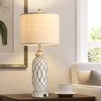 Farmhouse Table Lamps for Bedroom Set of 2, 28" Rustic Bedside Lamp with USB Ports, 3-Way Dimmable Nightstand Table Lamp for Living Room with Linen Drum Shade (Bulbs Included)