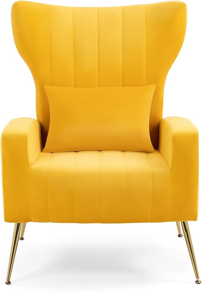X-VOLSPORT Velvet Accent Chairs Set of 2, Mid Century Modern High Back Living Room Chair with Waist Pillow, Upholstered Arm Chair with Metal Gold Legs for Bedroom, Club, Yellow
