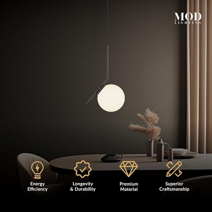 𝗠𝗢𝗗 𝗟𝗜𝗚𝗛𝗧𝗜𝗡𝗚 Jewels & Pearls | Modern Black Pendant Light Fixture, Hanging Globe Pendant Light for Kitchen Island Lighting, Dimmable LED Bulb Included, 1 Pack (Black | Warm White | L-Shape)