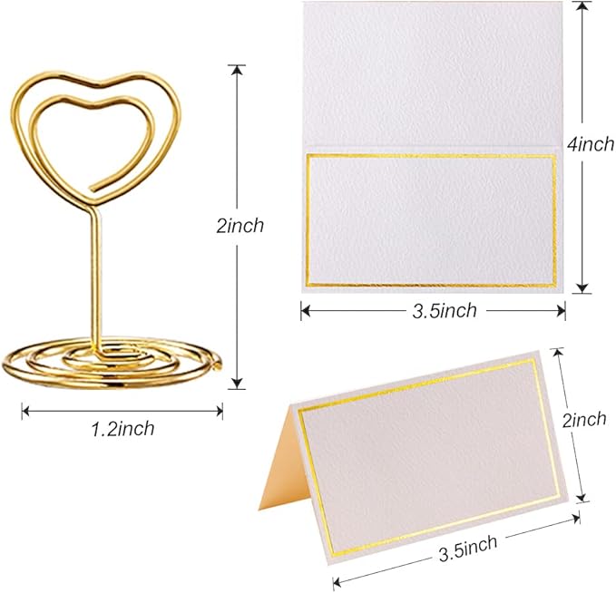 24 Pcs Mini Place Card Holders and 24 Pcs Place Cards with Gold Foil Border, Table Number Stand with Heart Shape, Table Card Holder Photo Picture Holder Memo Menu Clips for Wedding, Birthday