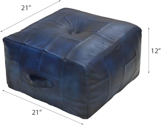 Square Shaped Buffalo Leather Handmade Eco-Friendly Vintage Blue Pouf-Square Pouf, 21"x21"x12", Geometric Pouf, Buffalo Leather Pouf, Recycled Foam with Fibre Fill Stuffed Pouf, Seating Pouf PF25